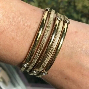 Elegant Gold Gem & Leather Layered Magnetic Bracelet NWT